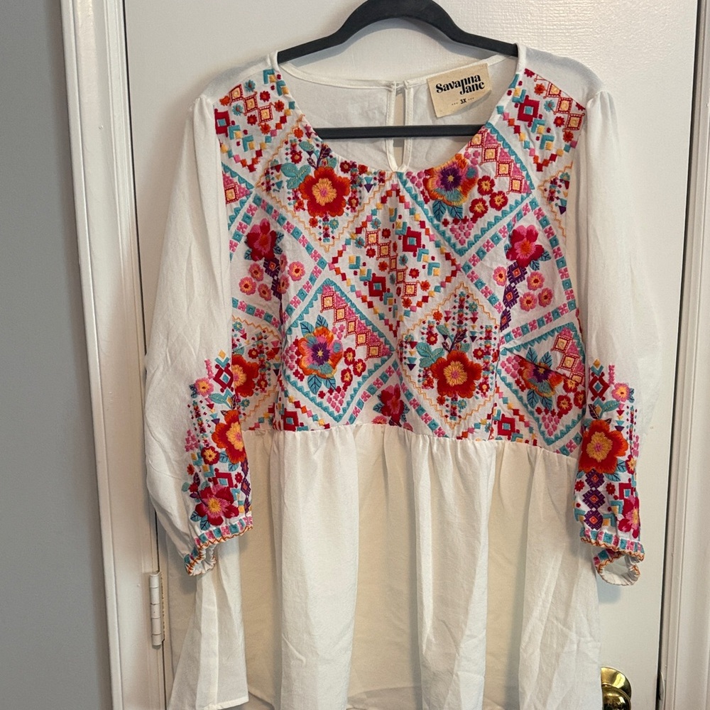 Savanna Jane White Tunic with Multicolor Floral Embroidery
